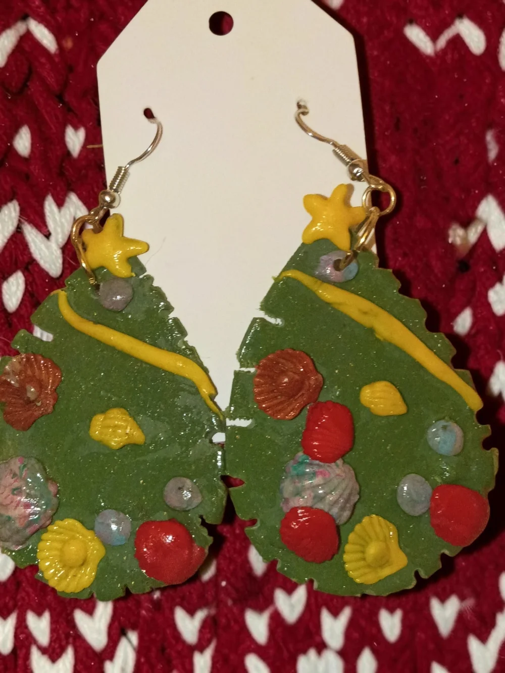 Handcrafted Green Christmas Tree Drop Earrings with Yellow Star